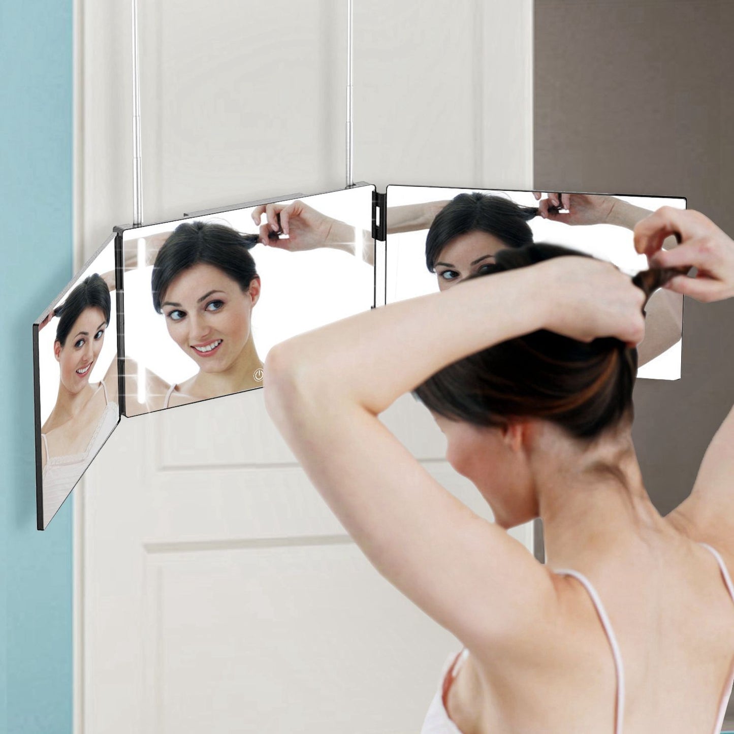 3-Way LED Tri-Fold Portable Self-Haircut & Makeup Mirror woman using