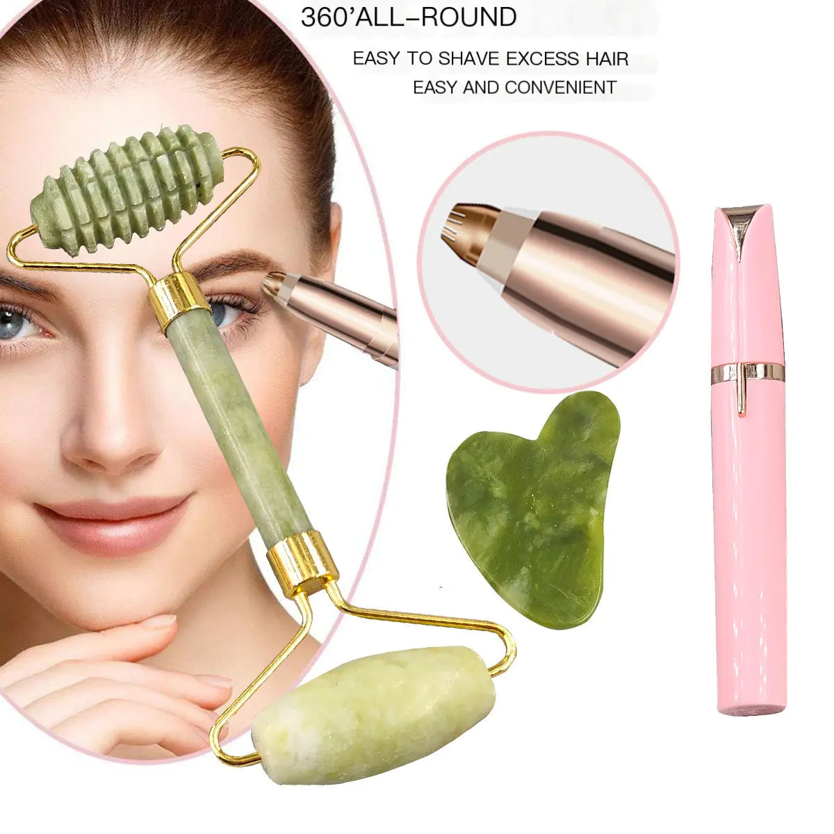 Electric Eyebrow Trimmer Jade Roller Scraping Board All Around Care Set.